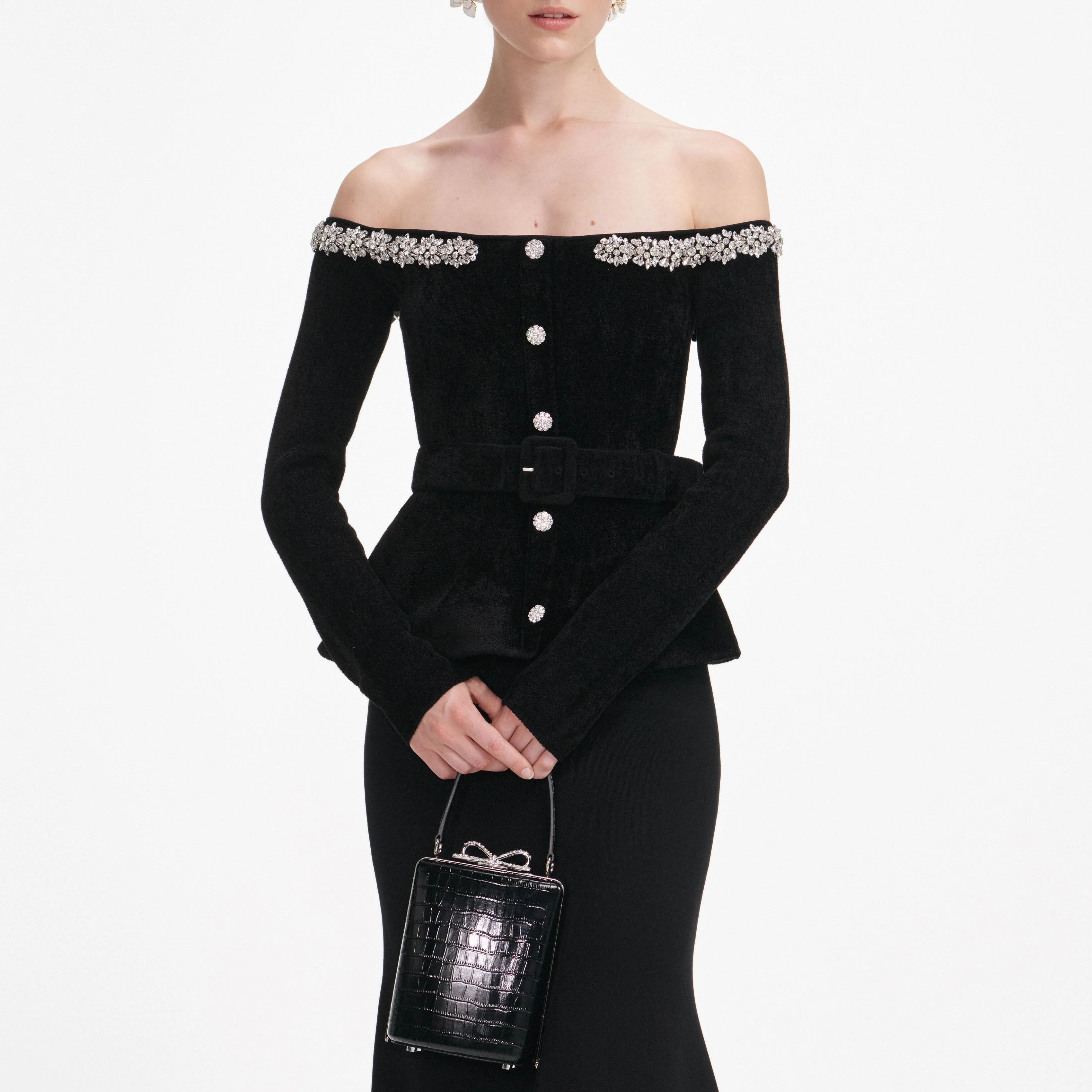 Black Chenille Knit Crystal Trim Midi Dress - Image 4