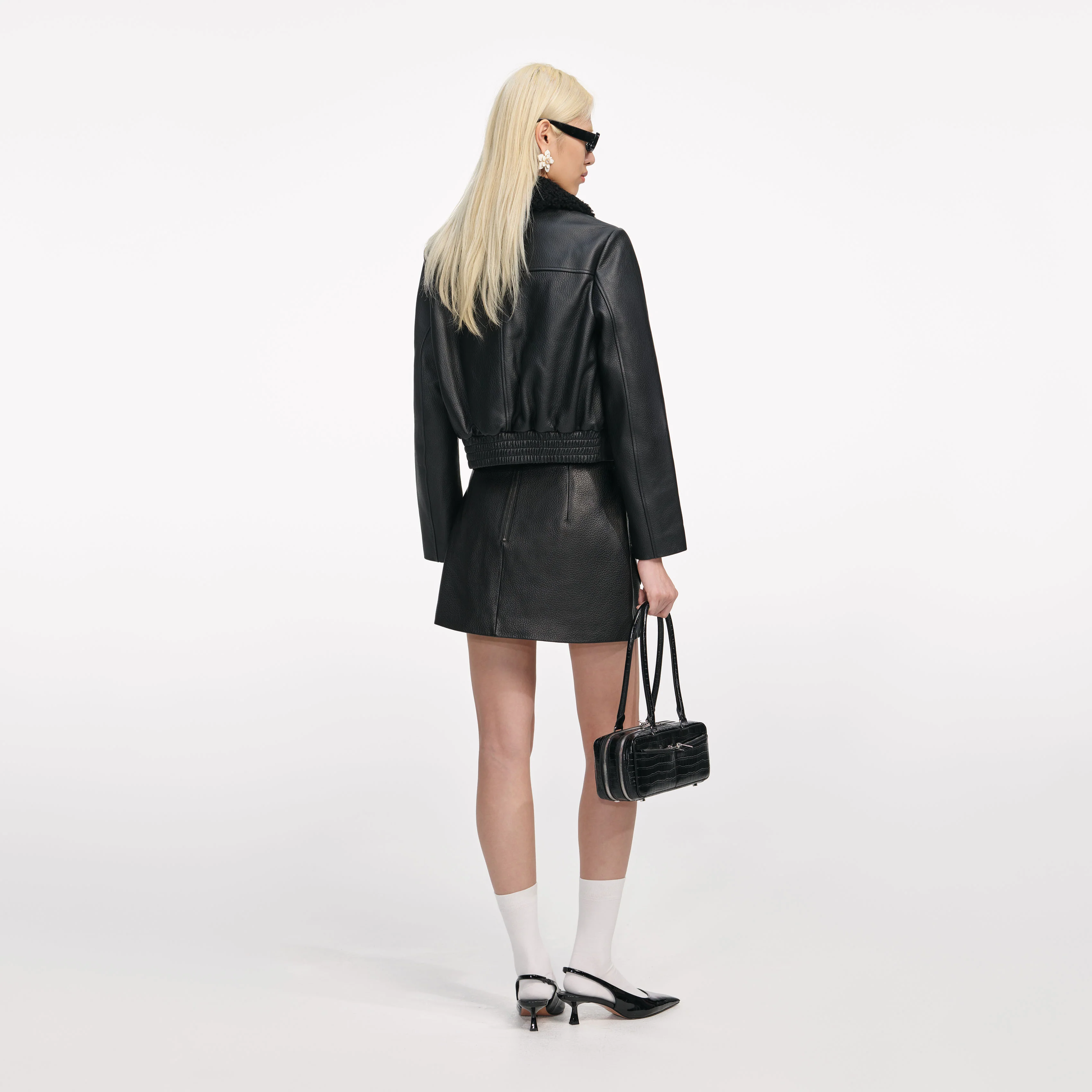 Black Cropped Leather Jacket - Image 3