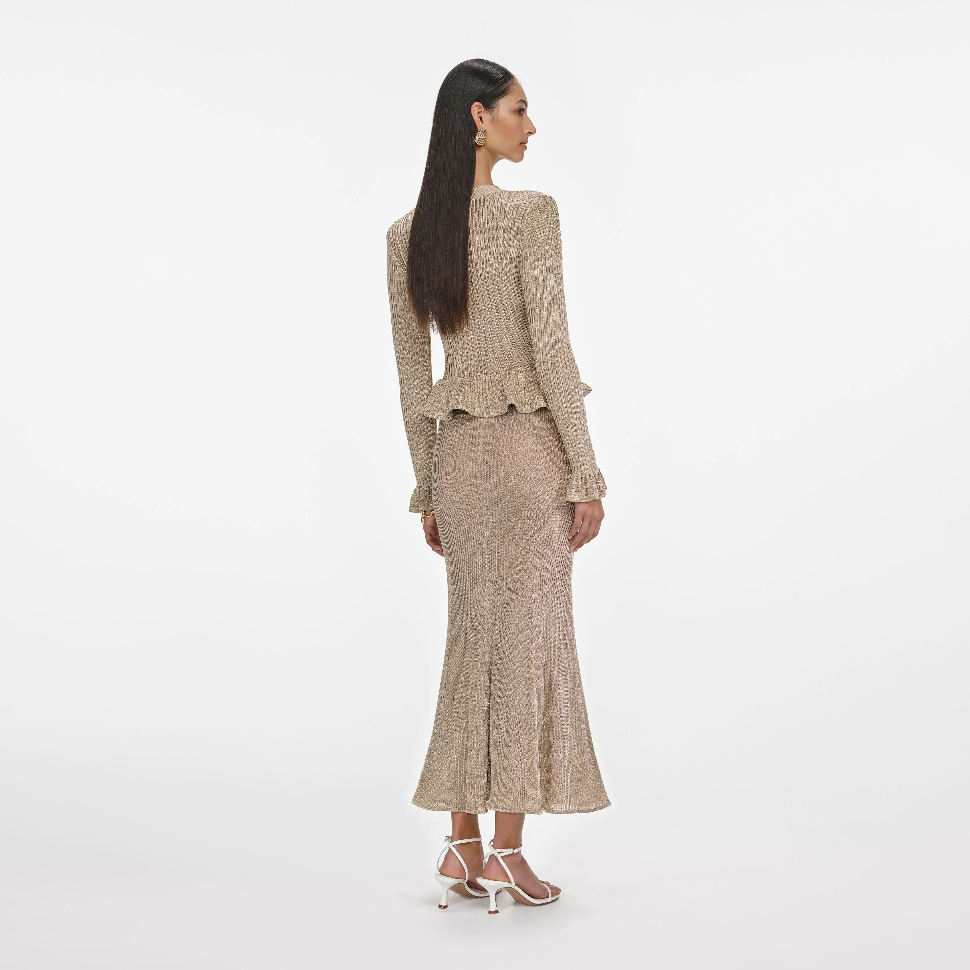 Gold Lurex Peplum Knit Midi Dress - Image 3