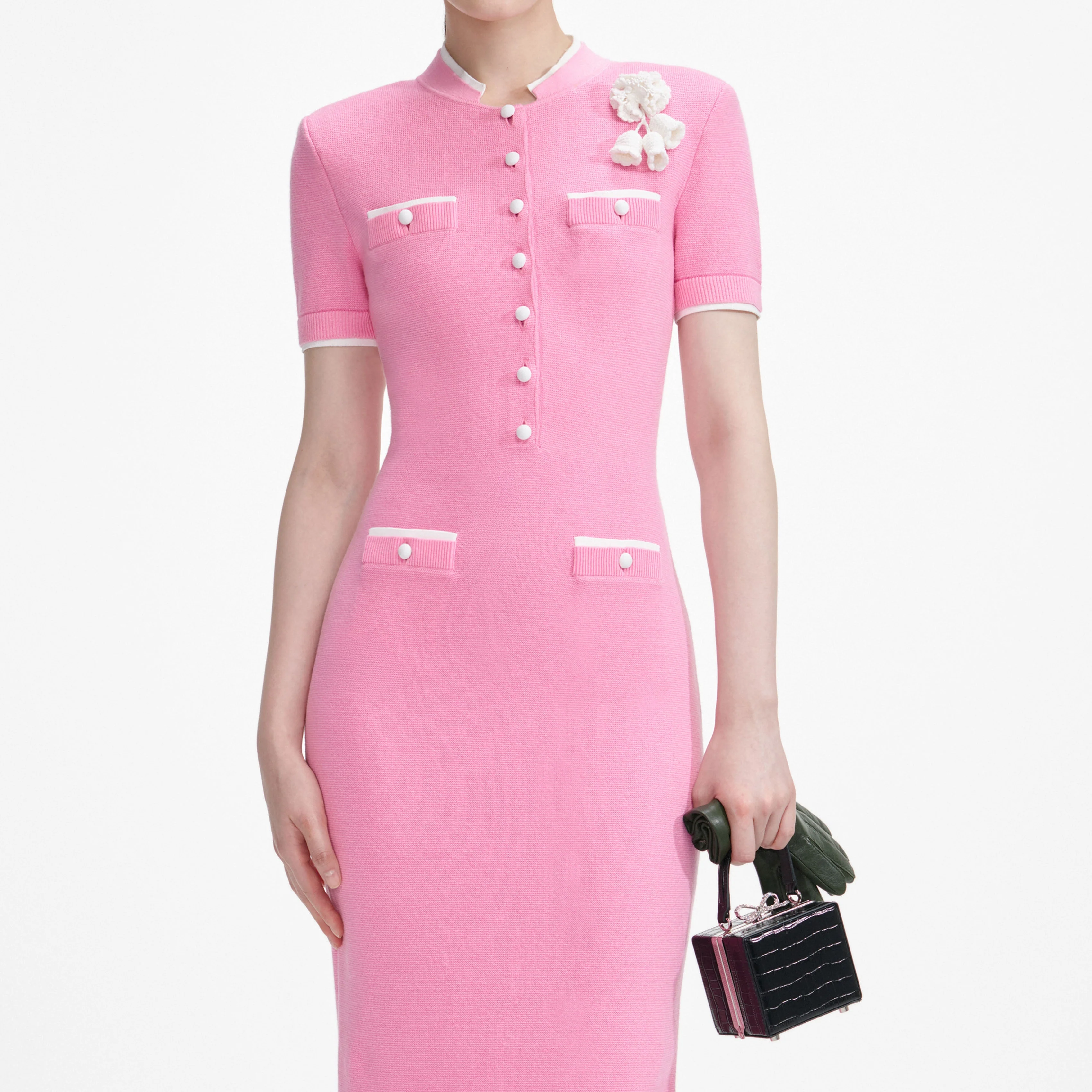 Pink Crochet Flower Knit Midi Dress - Image 4