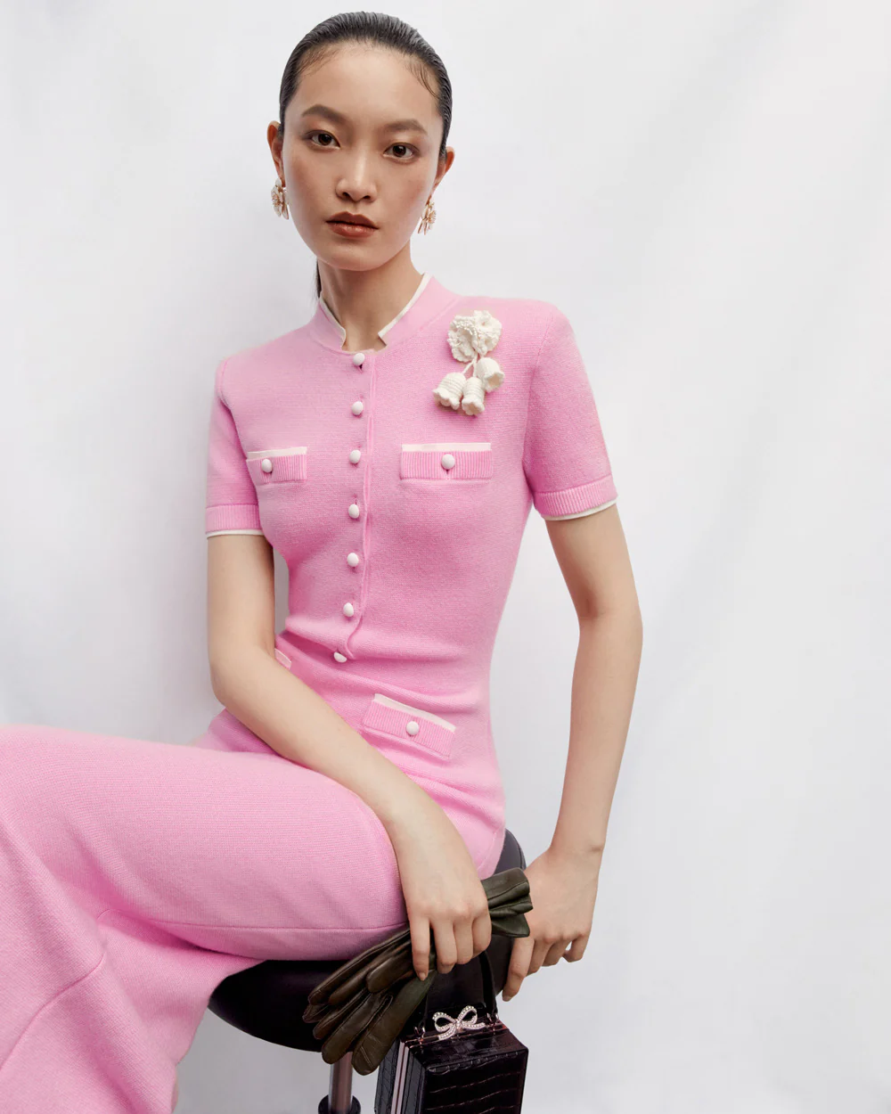 Pink Crochet Flower Knit Midi Dress - Image 6