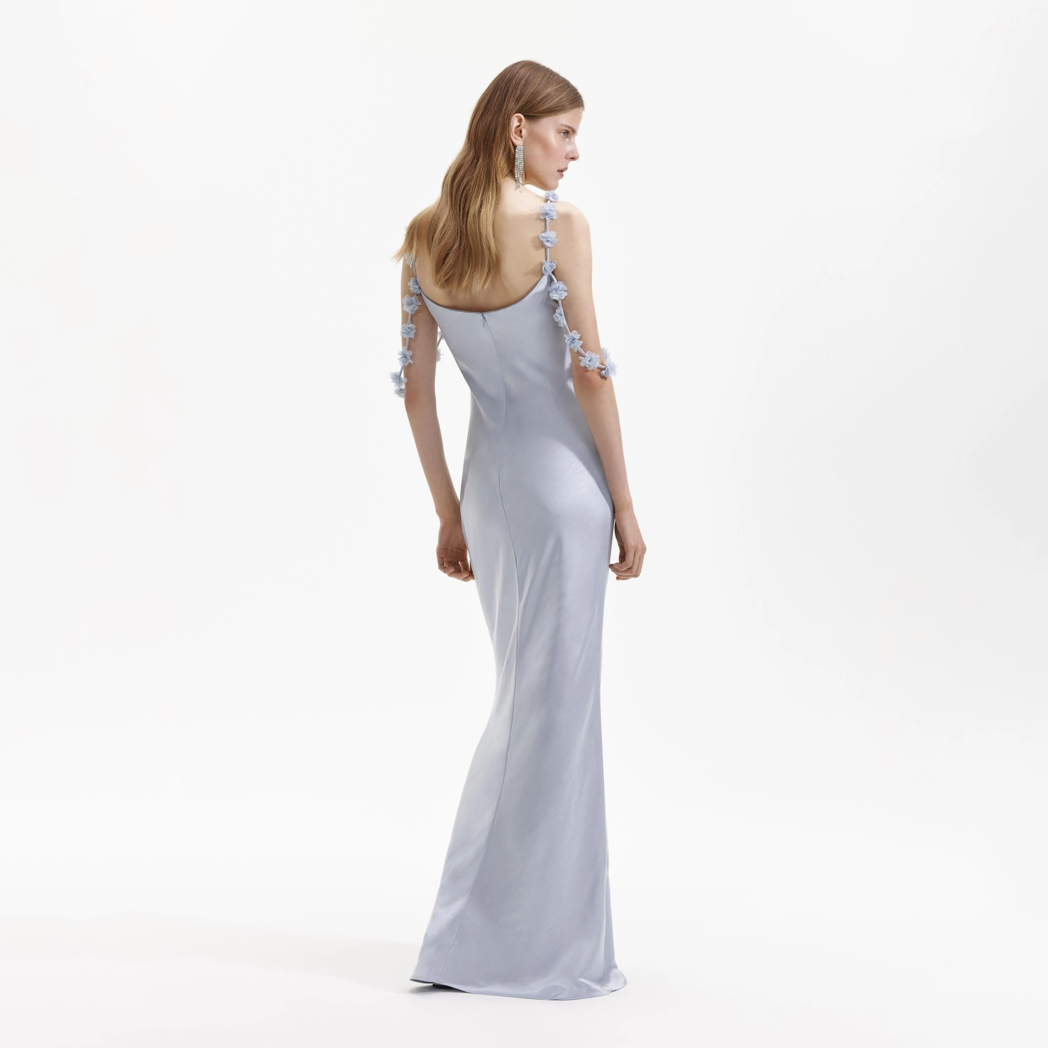 Blue Satin Flower Maxi Dress - Image 3