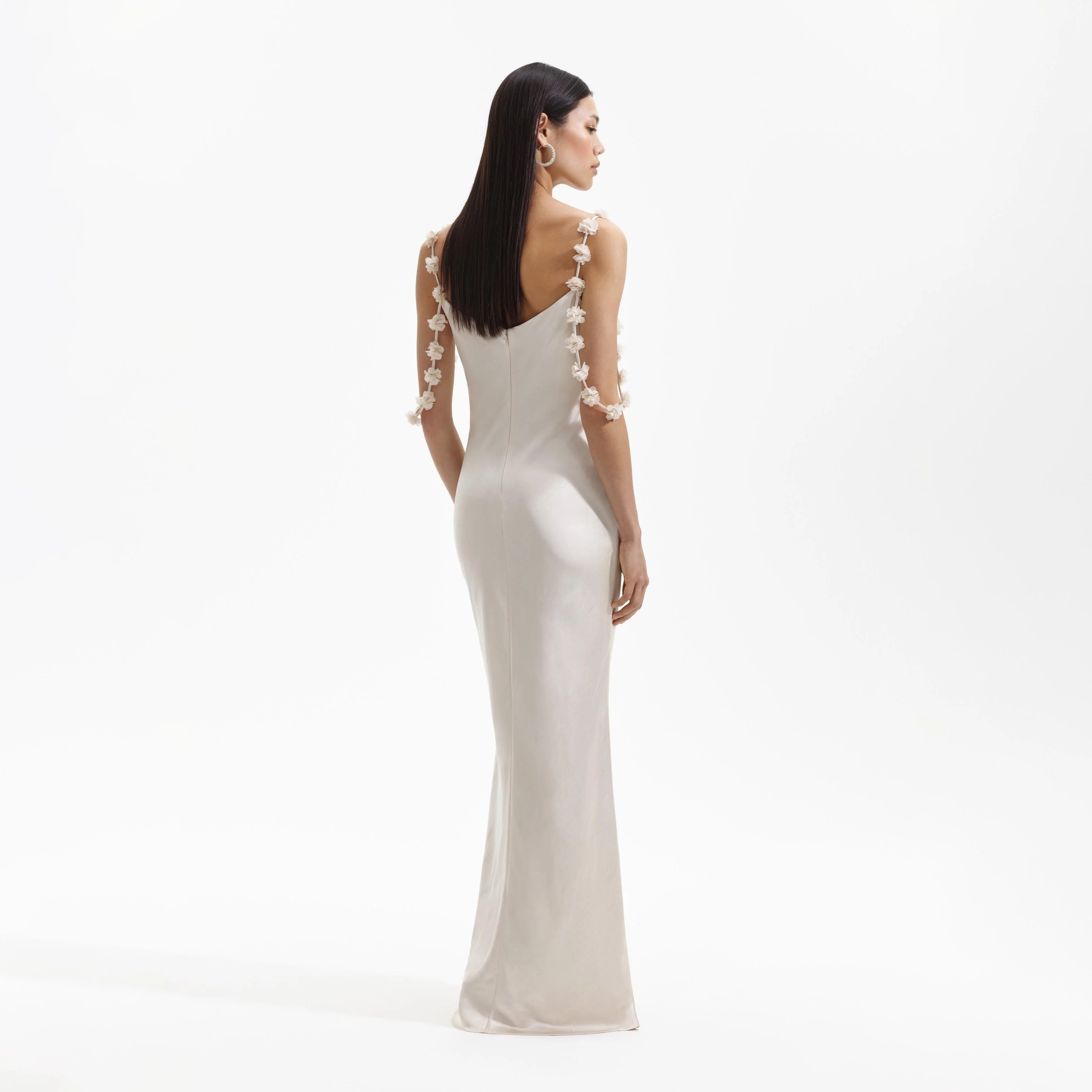 Champagne Satin Flower Maxi Dress - Image 3