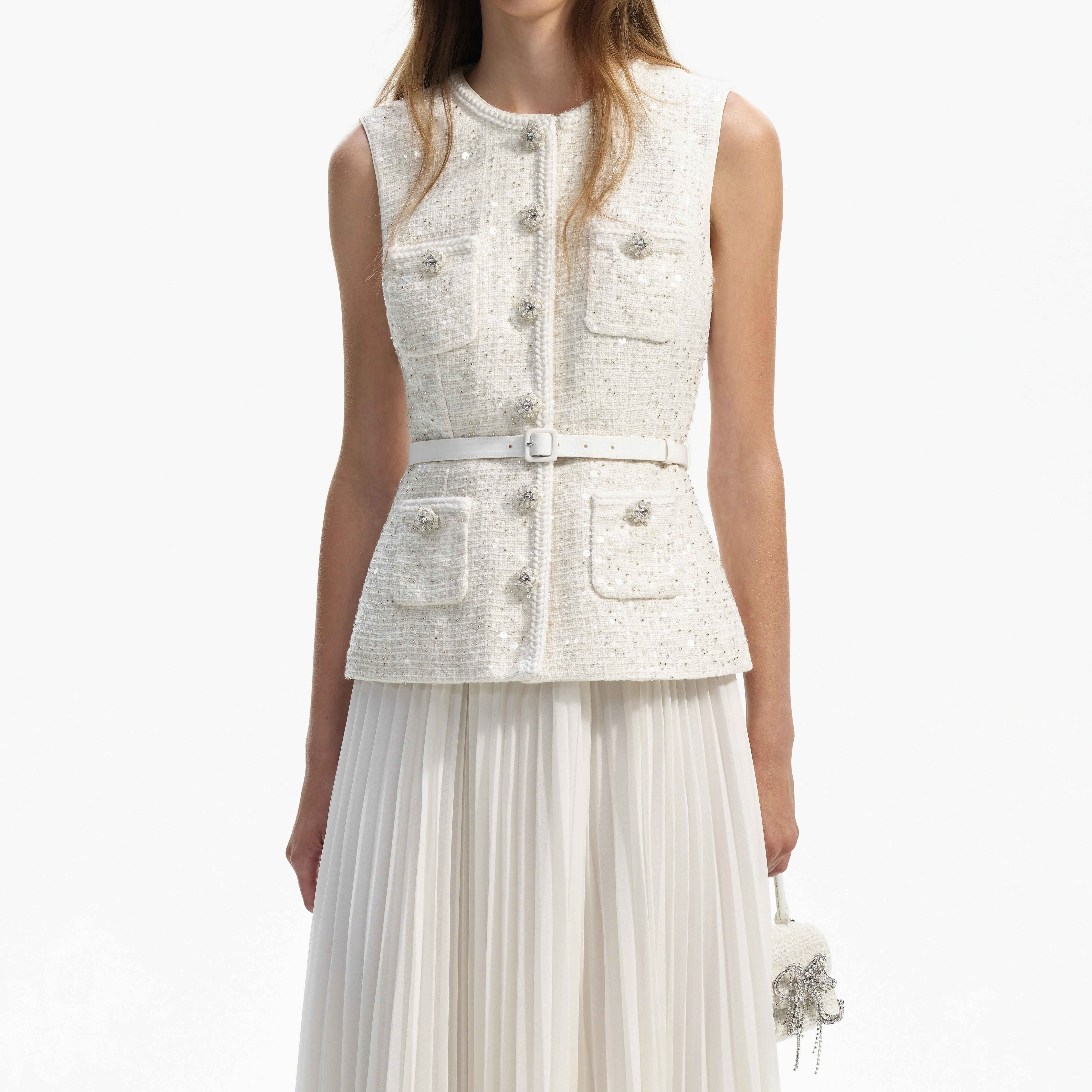 Cream Sequin Boucle Tailored Midi Dress - Image 4