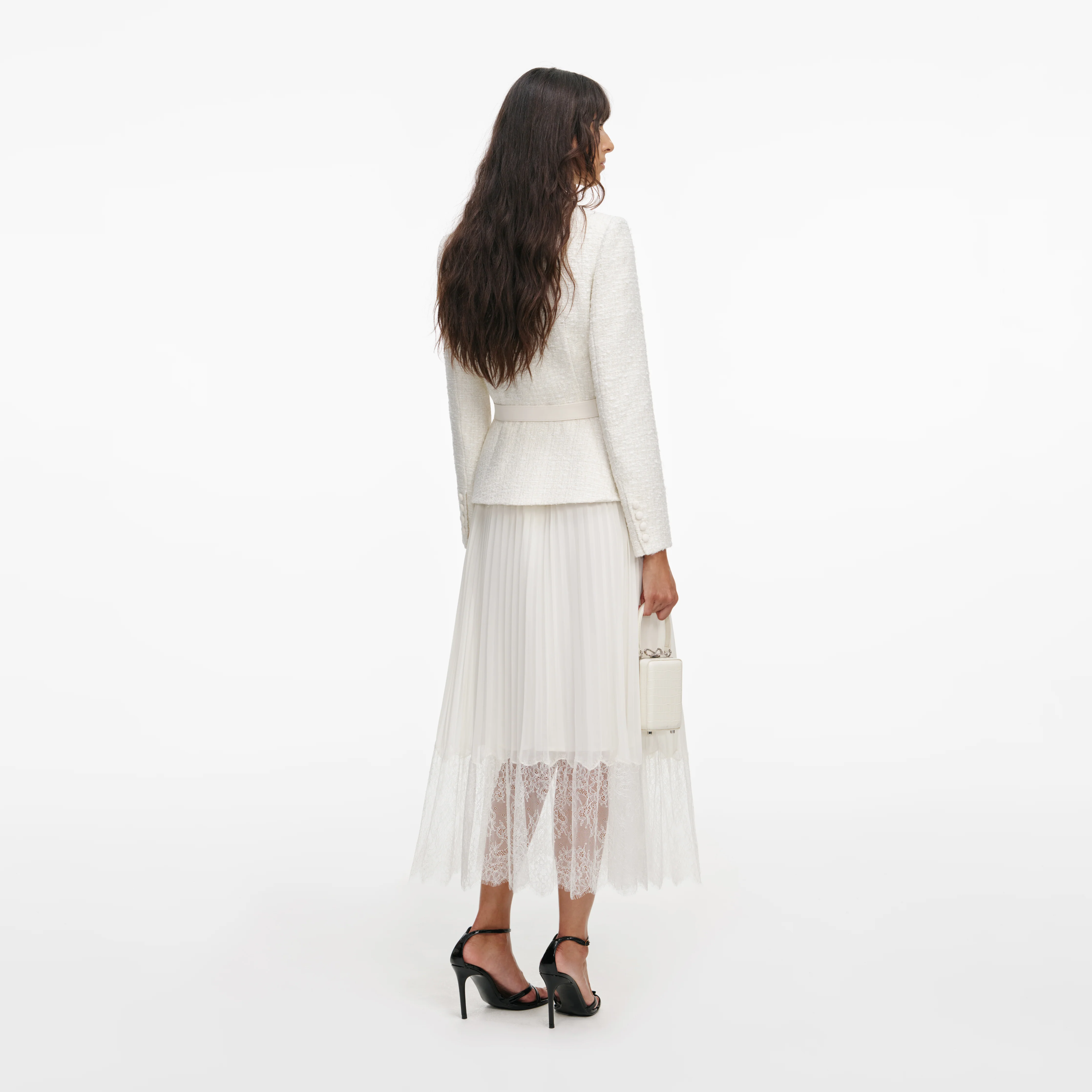 Cream Tailored Bouclé And Chiffon Midi Dress - Image 3