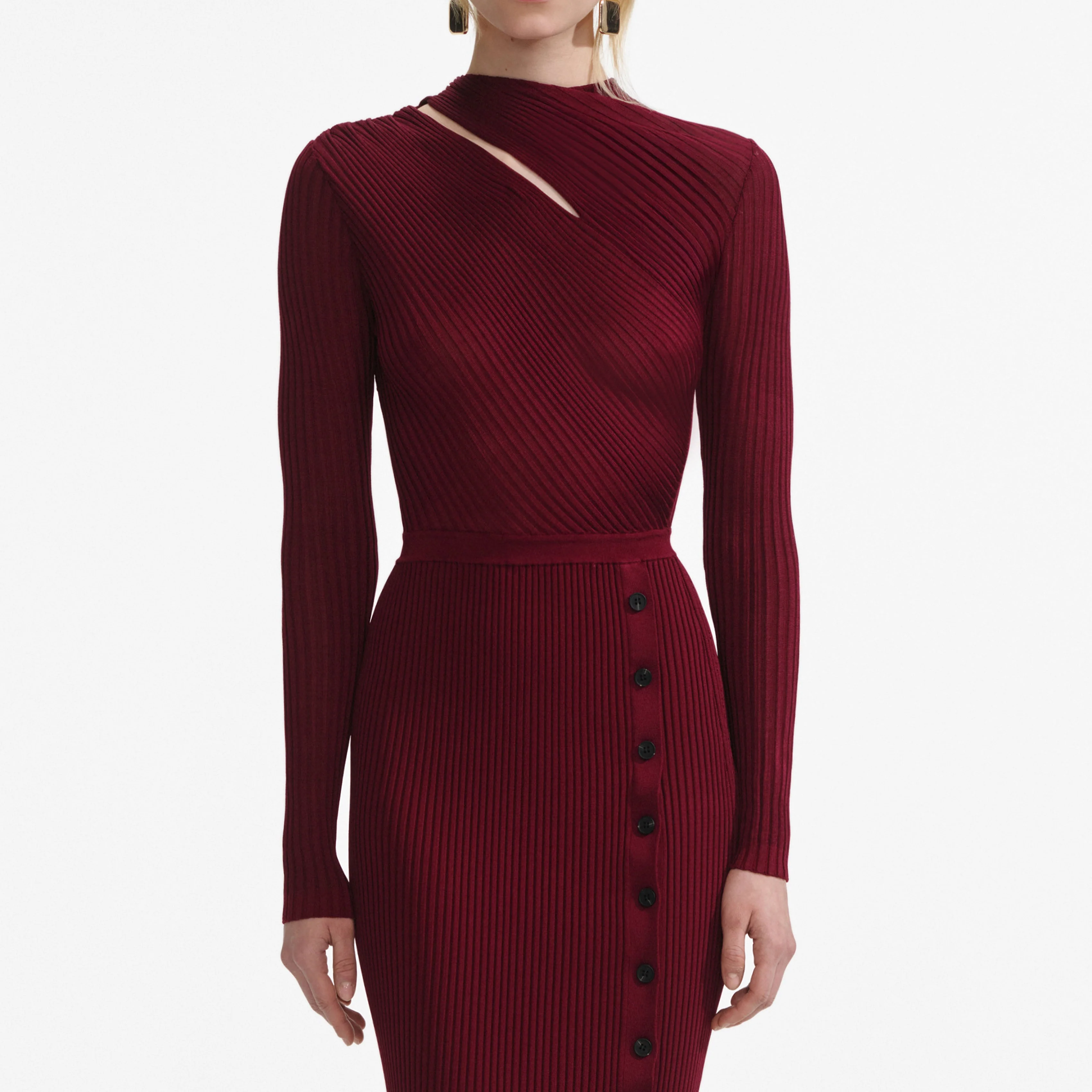 Burgundy Cut Out Rib Knit Midi Dress - Image 5