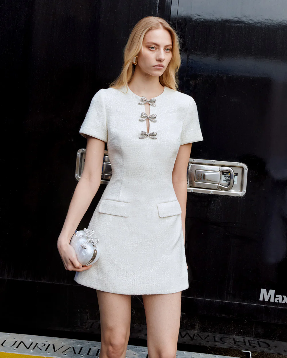 Cream Sequin Boucle Bow Mini Dress - Image 6