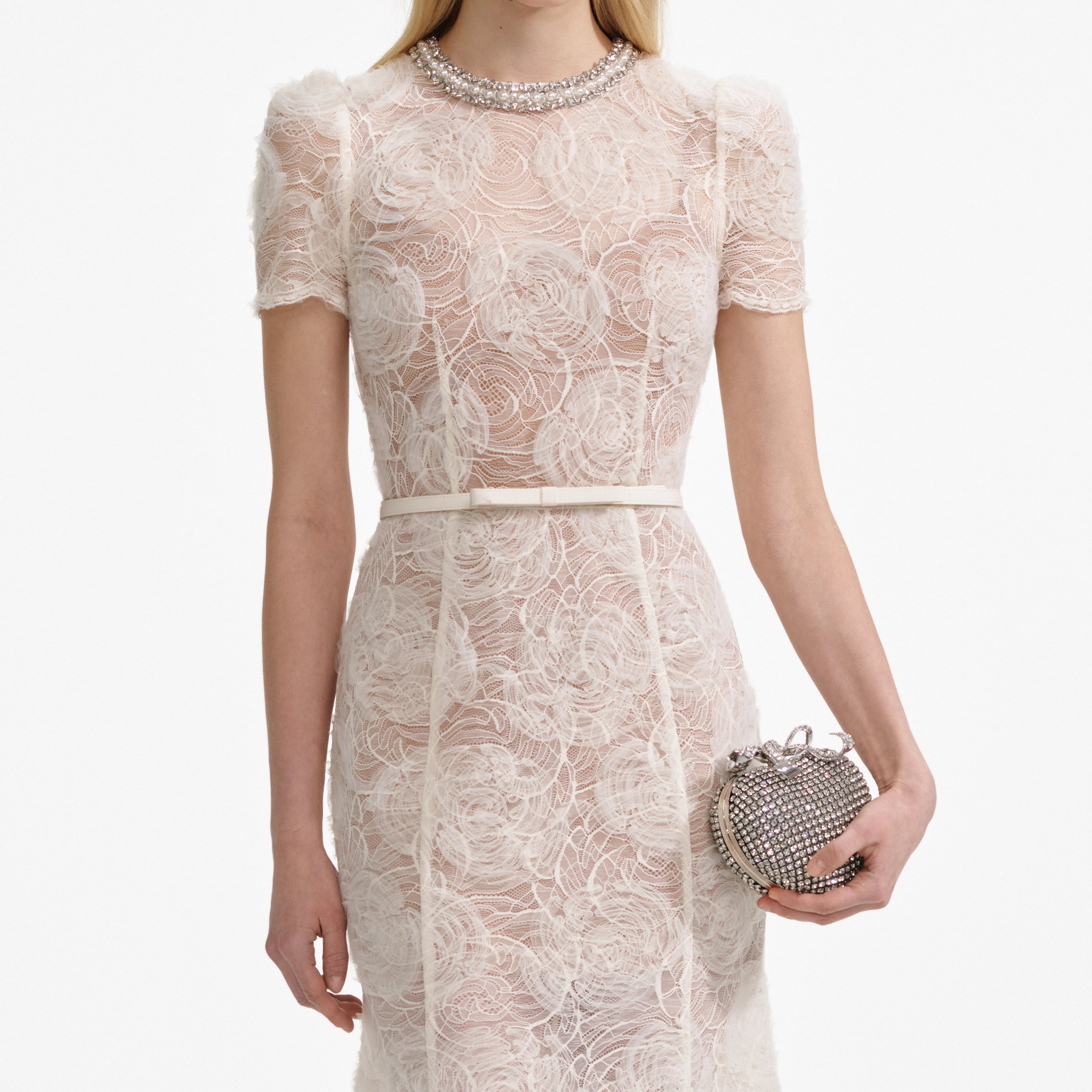 Cream Tulle Lace Midi Dress - Image 4