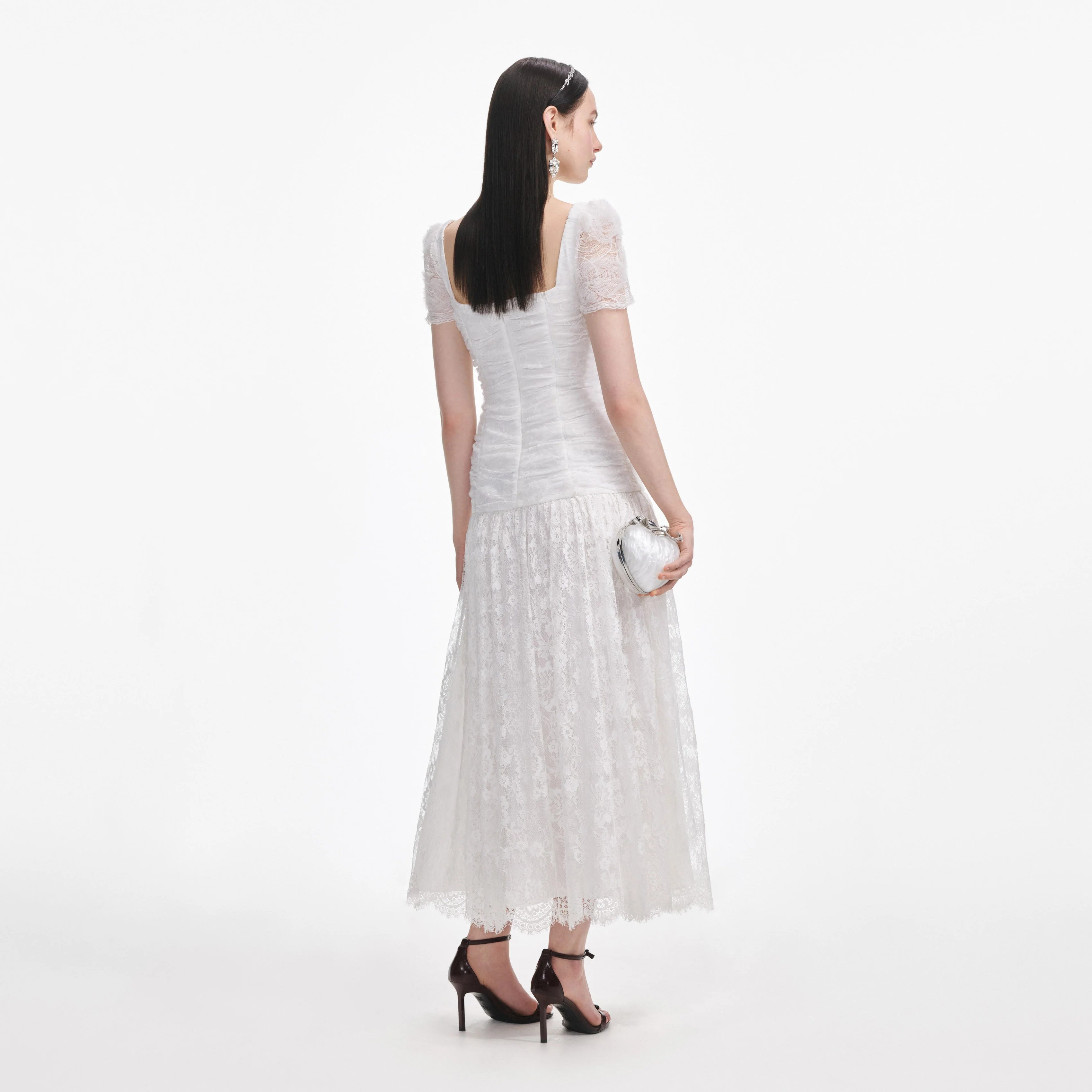 White Tulle Lace Gathered Midi Dress - Image 3