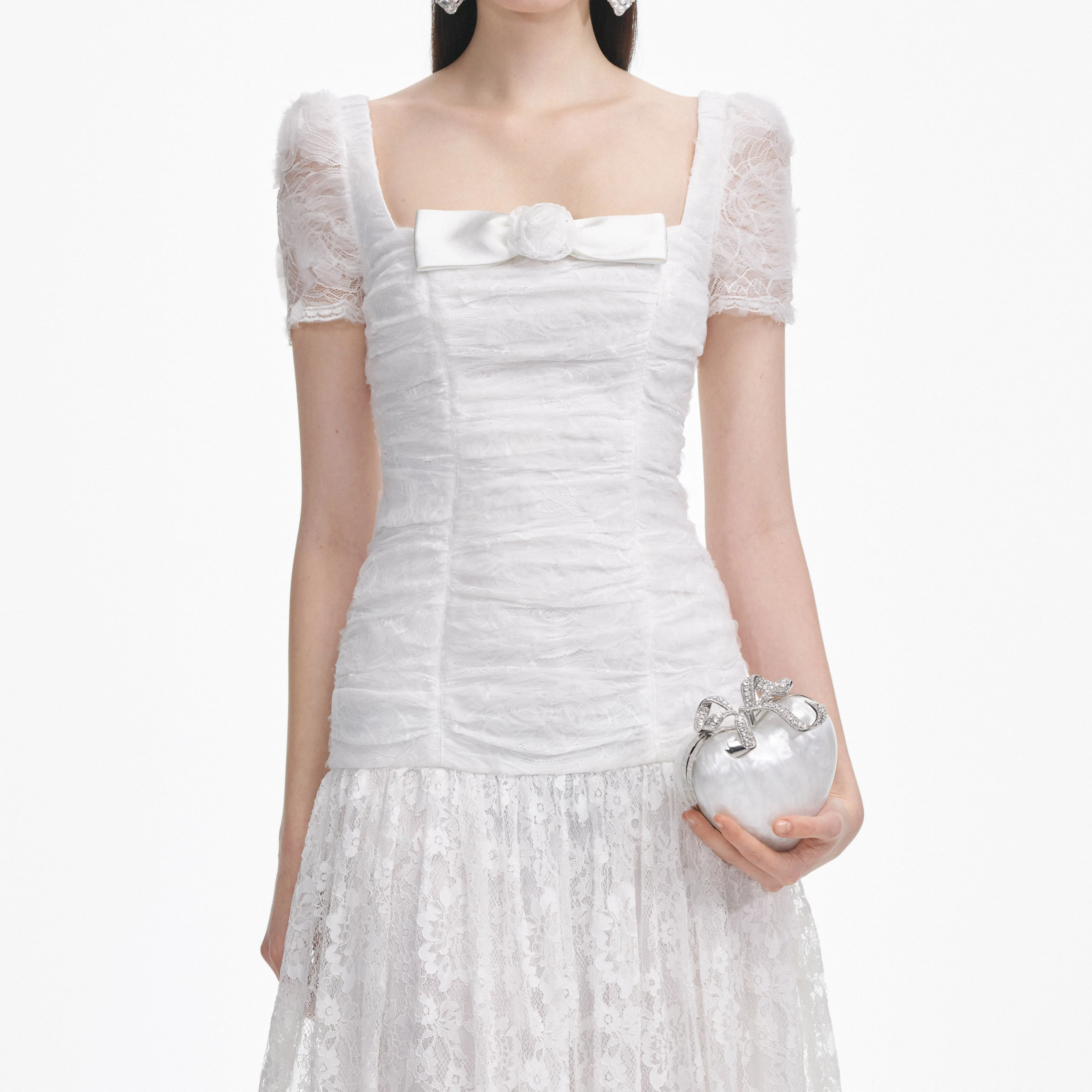 White Tulle Lace Gathered Midi Dress - Image 4