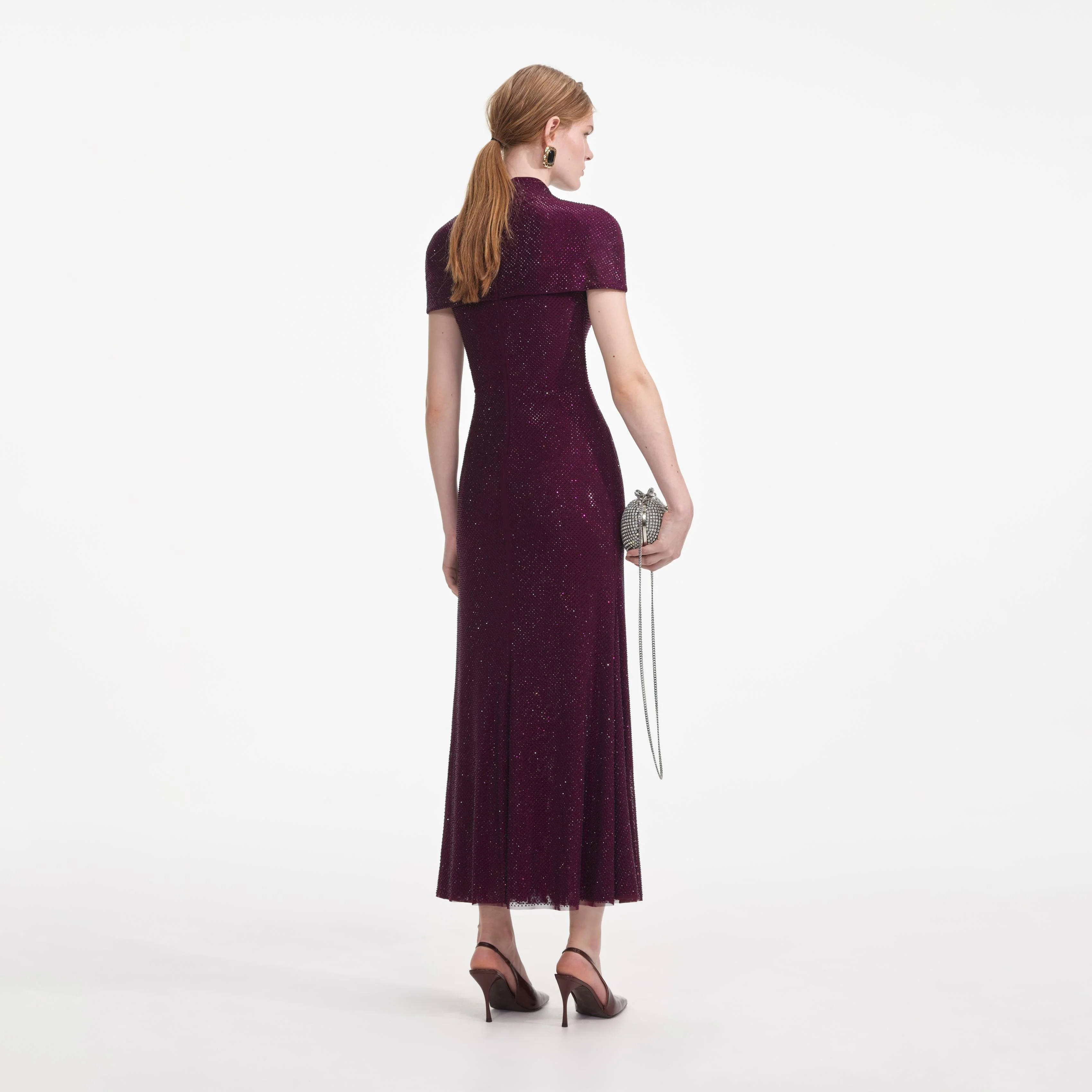 Burgundy Rhinestone Mesh Cut Out Midi Dress - Image 3