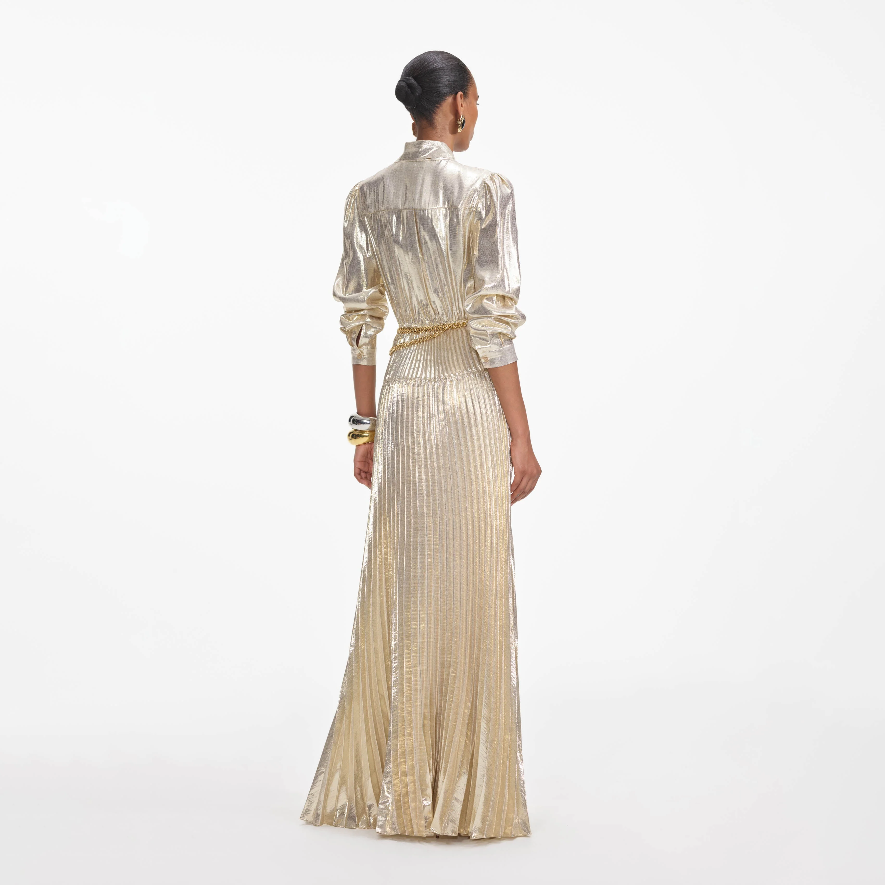 Gold Metallic Tie Neck Maxi Dress - Image 3