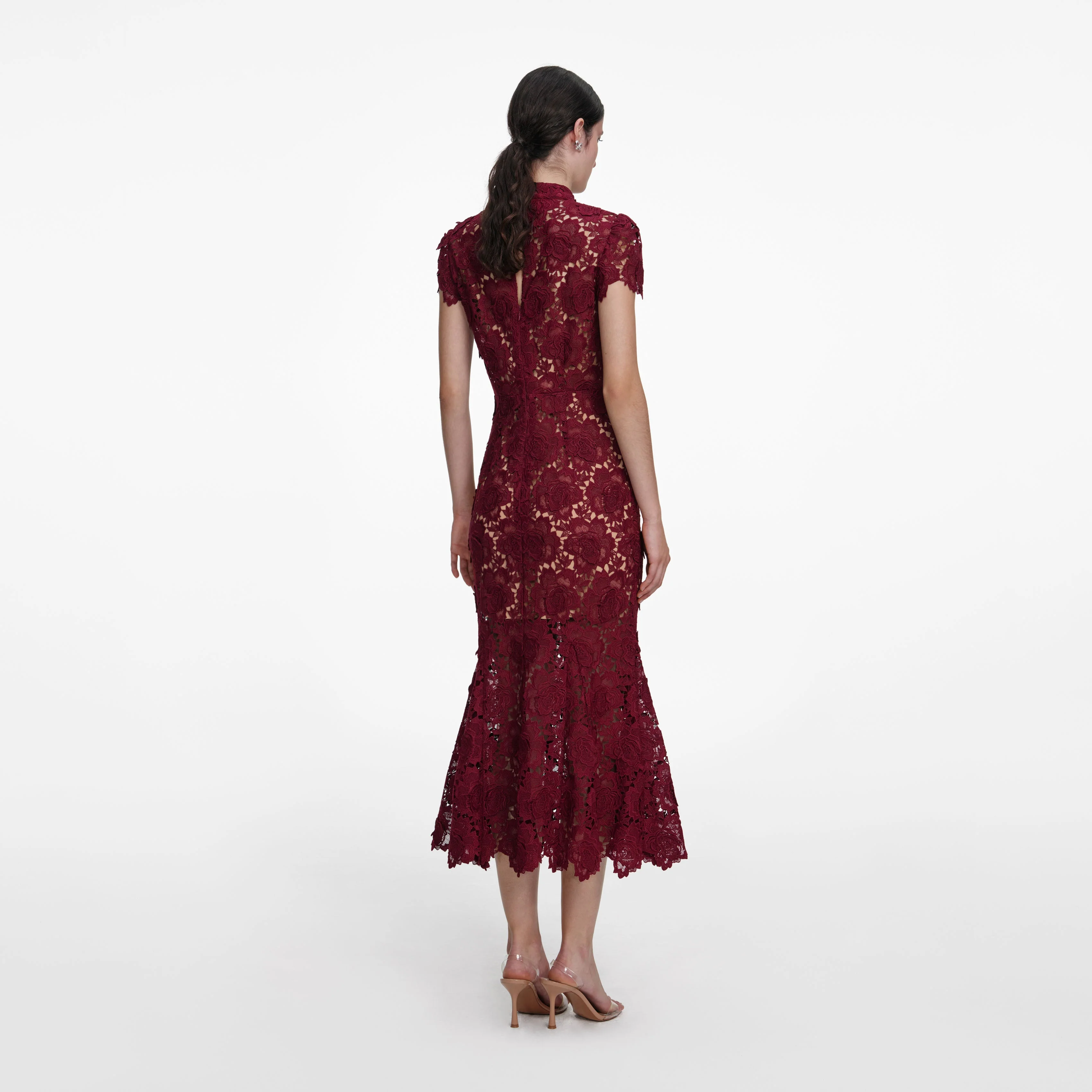 Burgundy Flower Lace Midi Dress - Image 3
