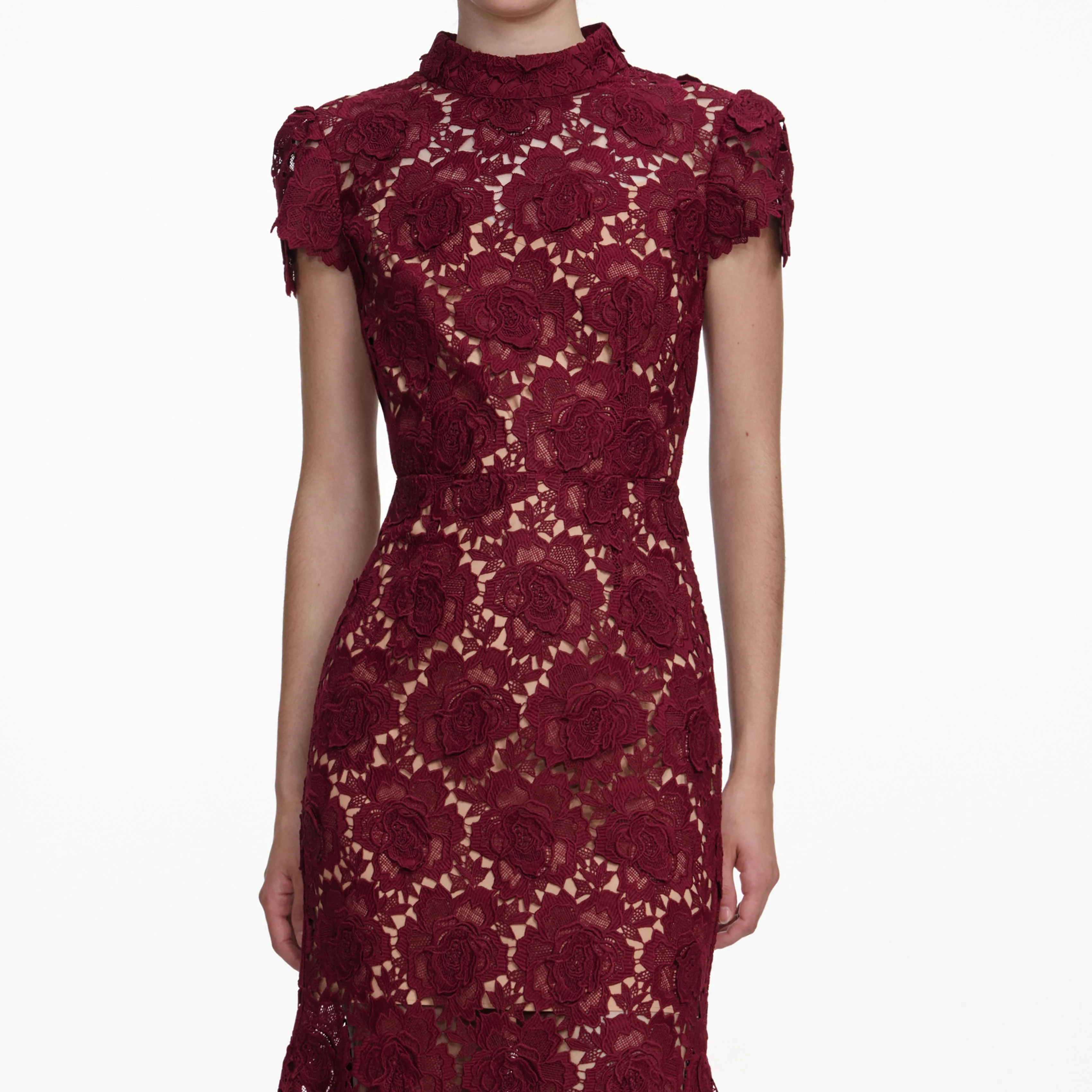 Burgundy Flower Lace Midi Dress - Image 4