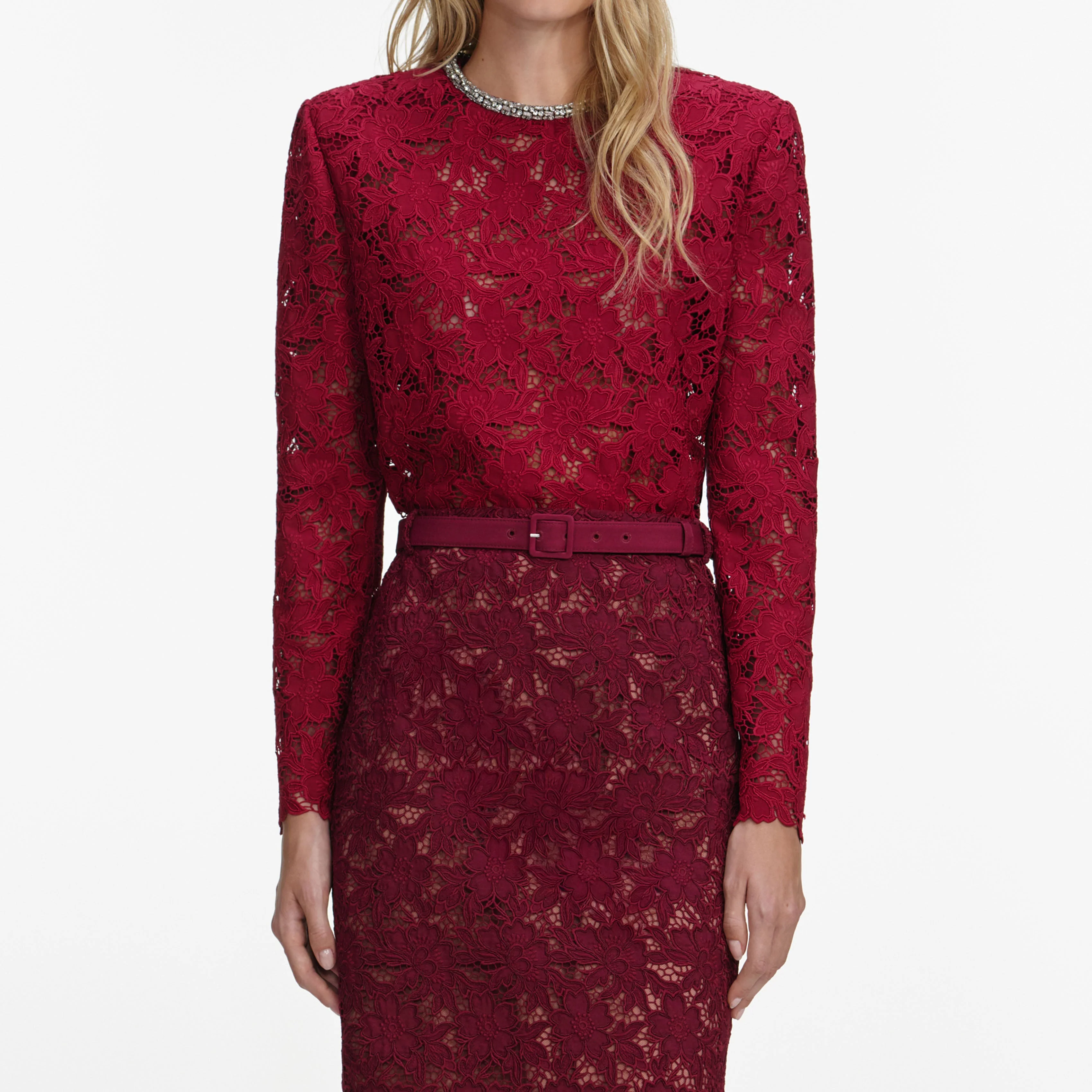 Burgundy Guipure Lace Midi Skirt - Image 4