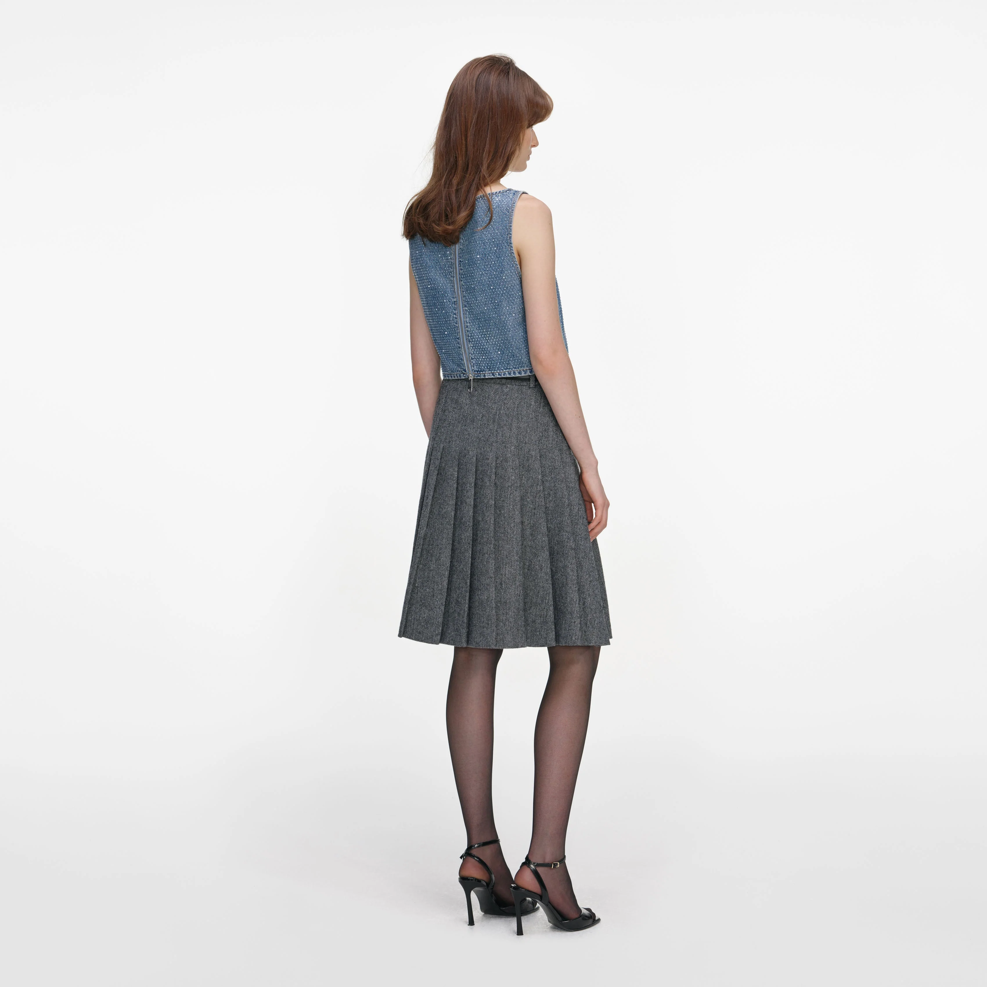 Grey Herringbone Pleated Midi Skirt - Image 3