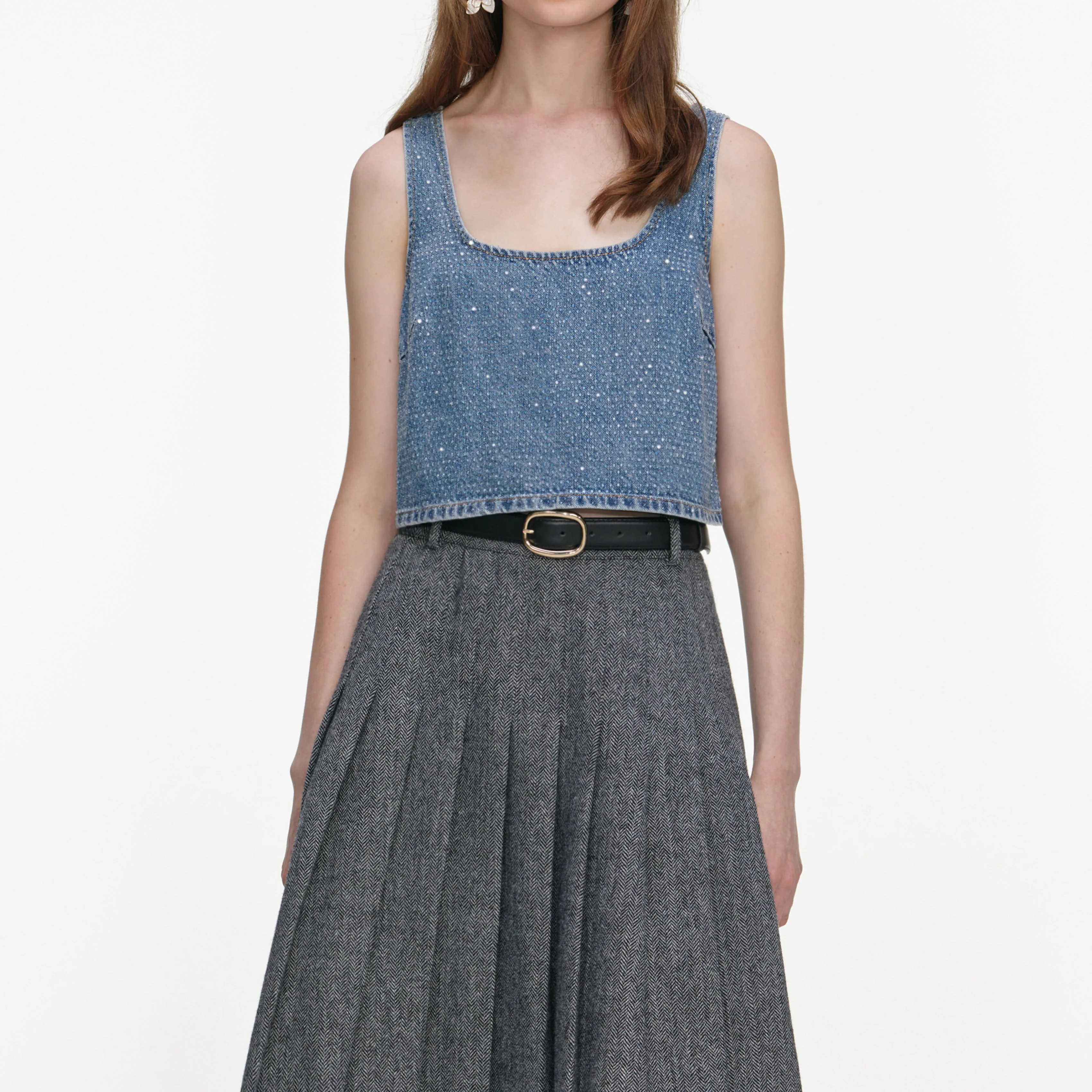 Grey Herringbone Pleated Midi Skirt - Image 4