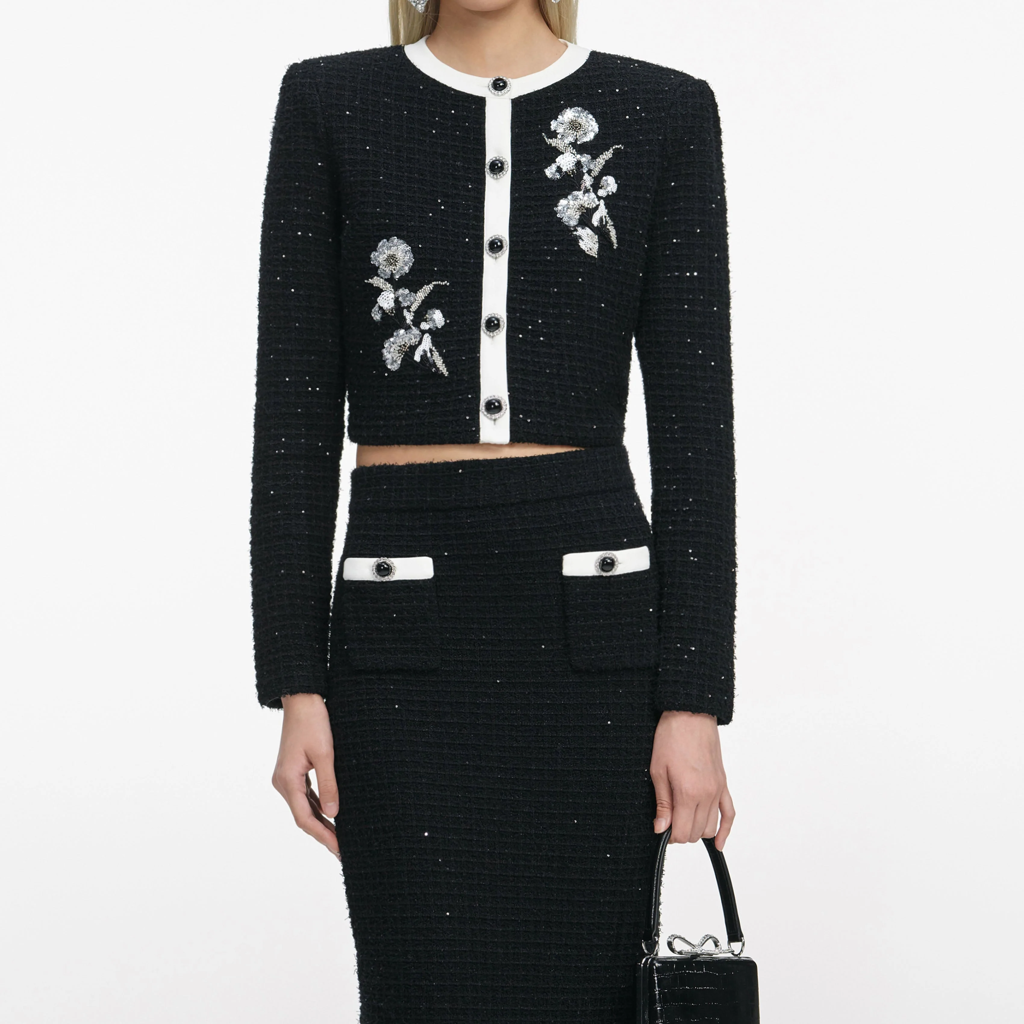Black Floral Textured Knit Jacket - Image 4