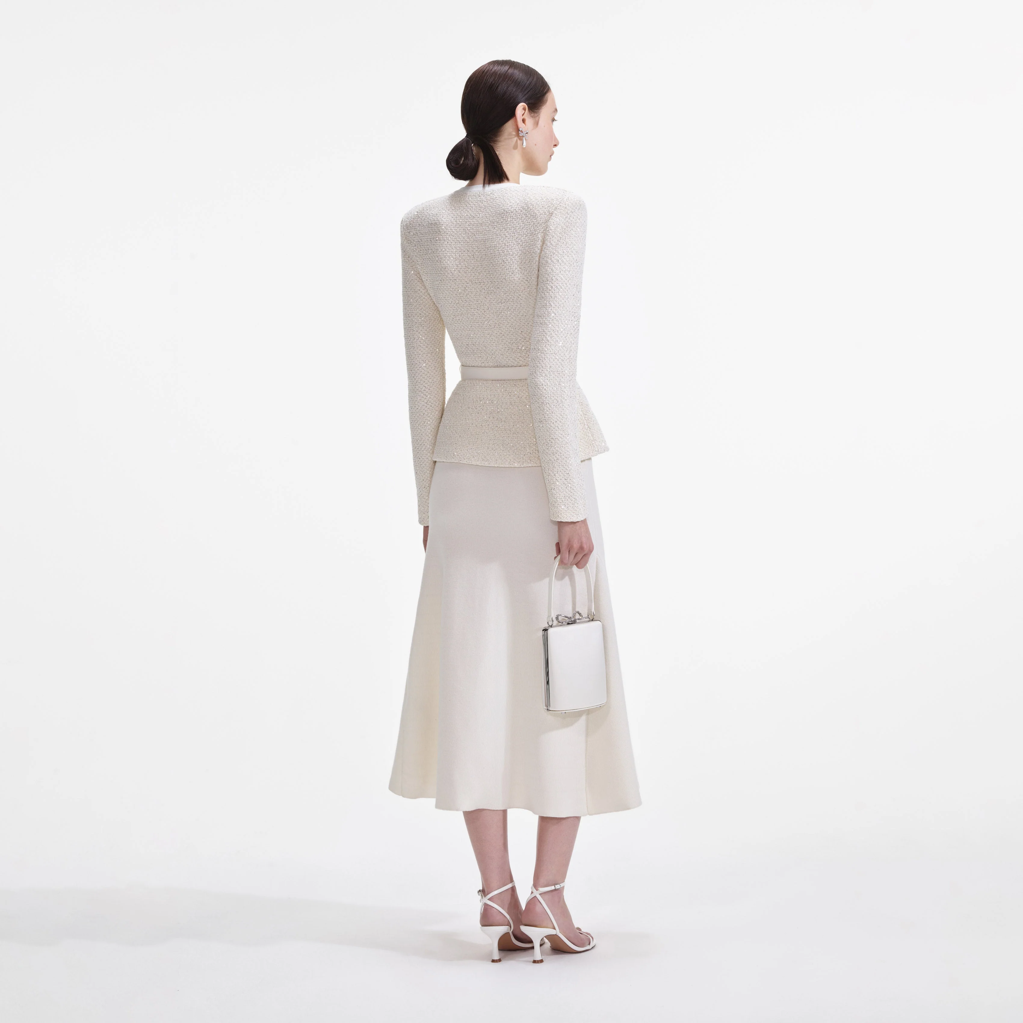 Cream Sequin Knit Tailored Midi Dress - Image 3