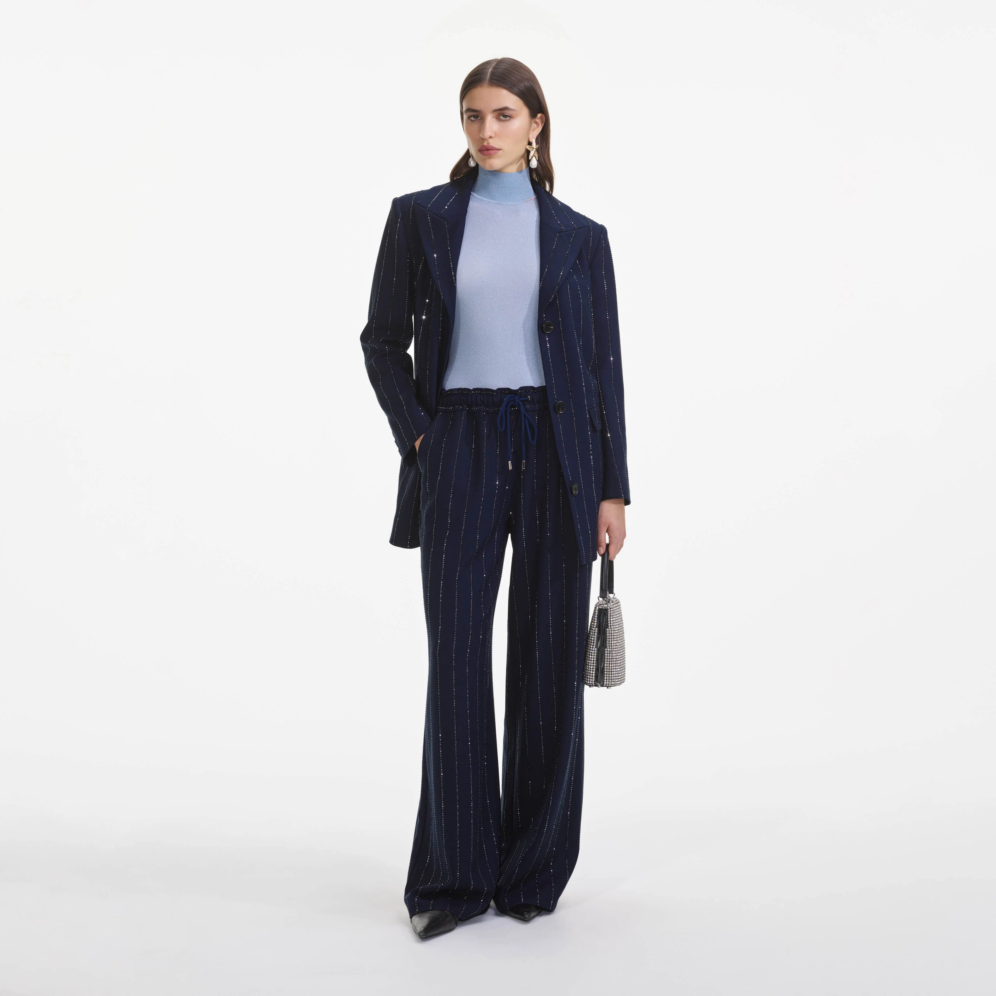 Navy Rhinestone Pinstripe Trousers - Image 4