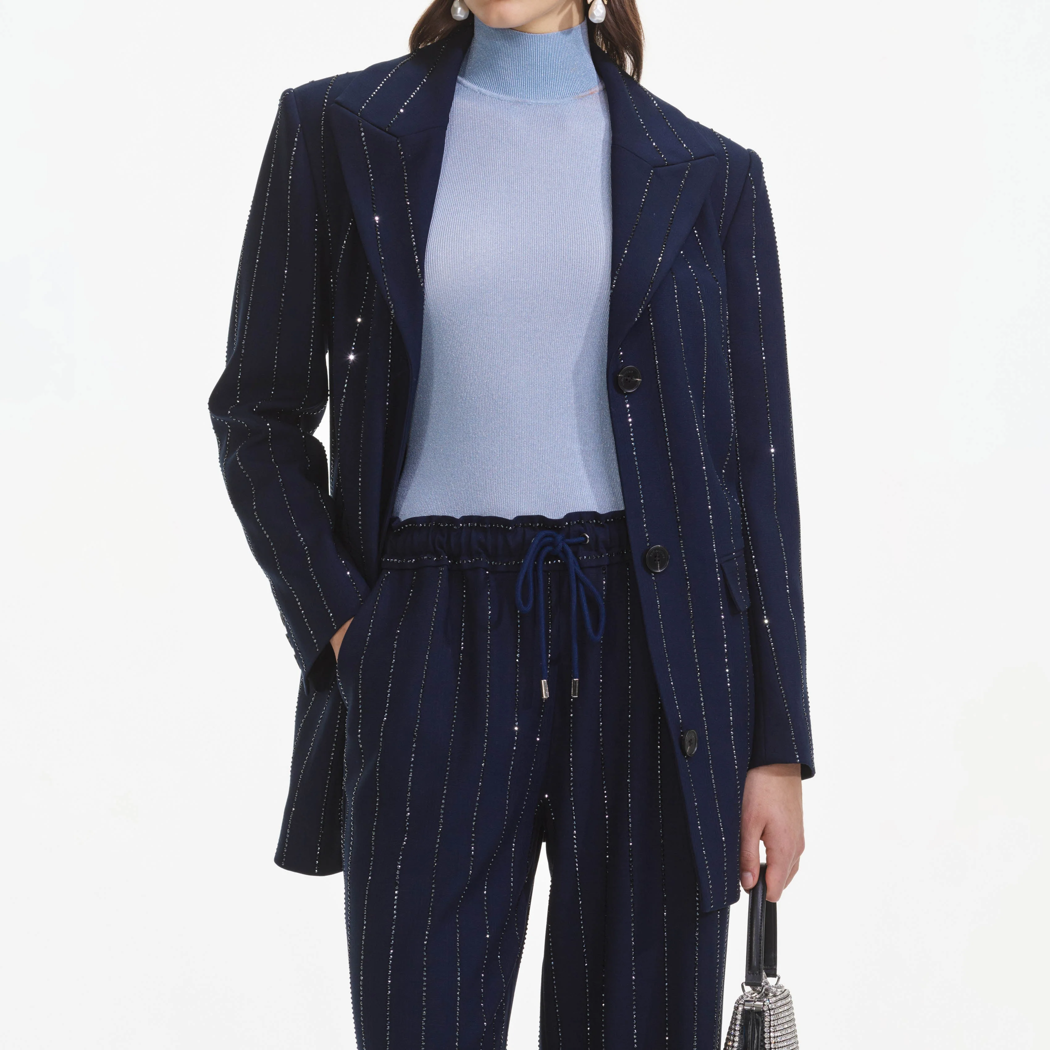 Navy Rhinestone Pinstripe Trousers - Image 5