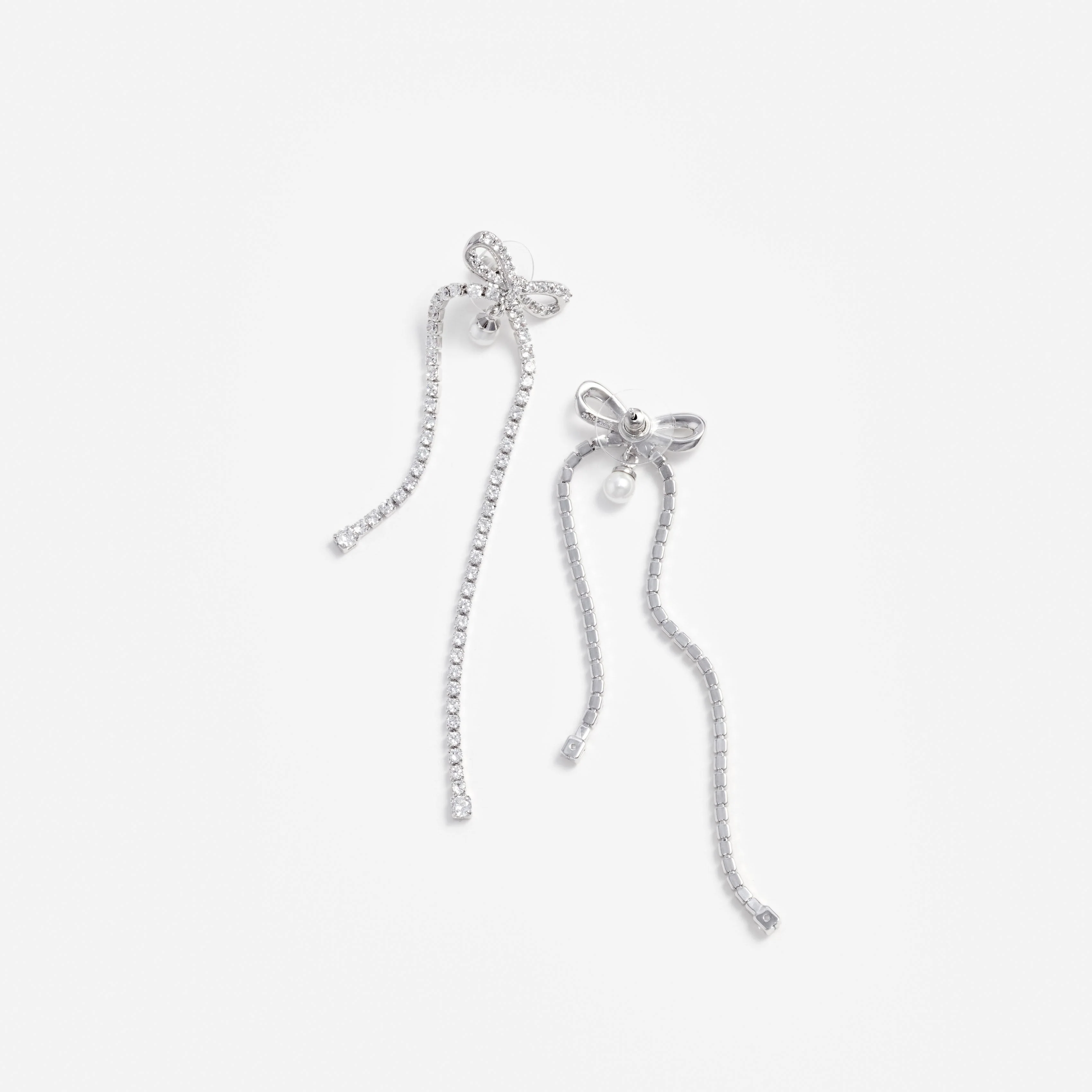 Crystal Bow Pearl Dangle Earrings - Image 3