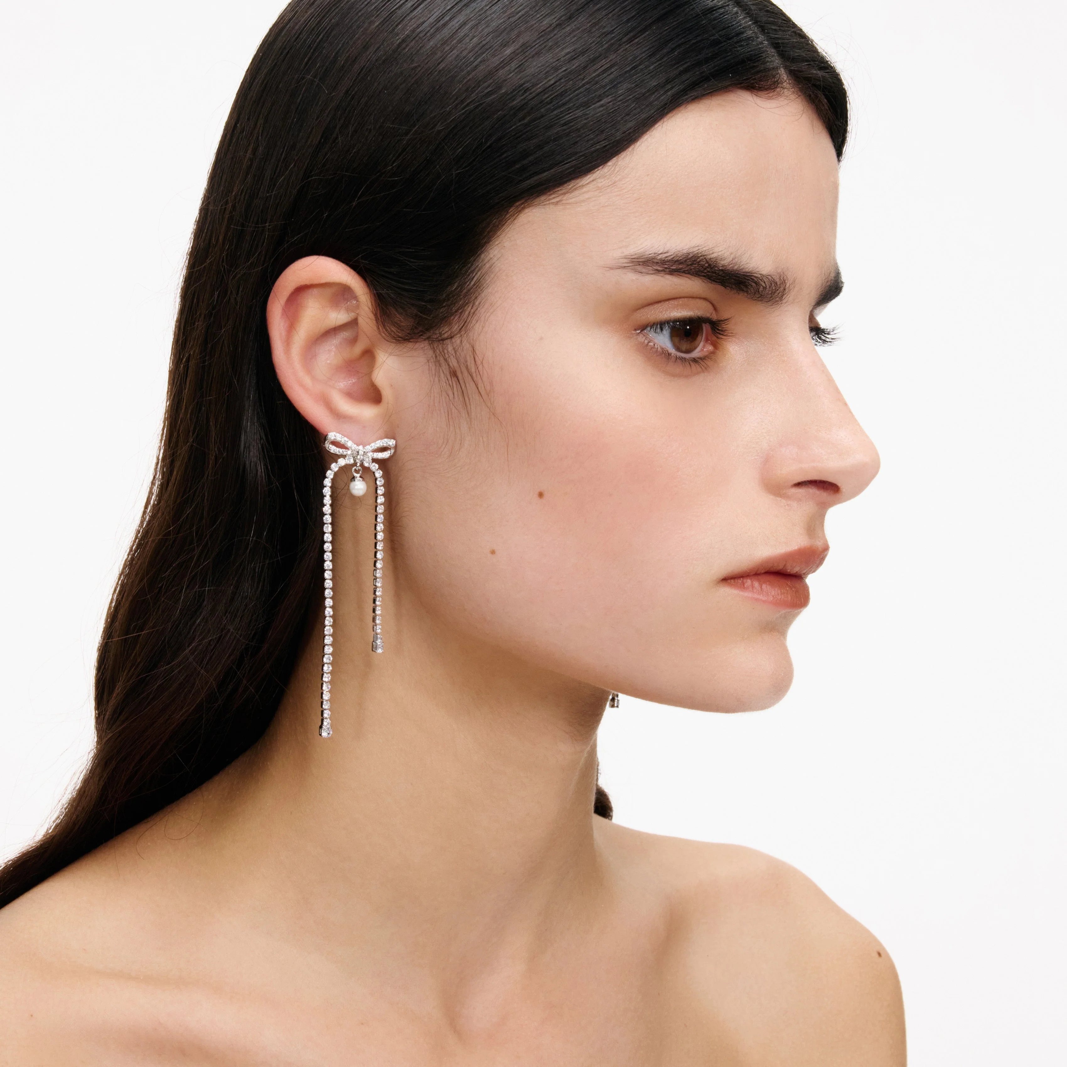 Crystal Bow Pearl Dangle Earrings - Image 4