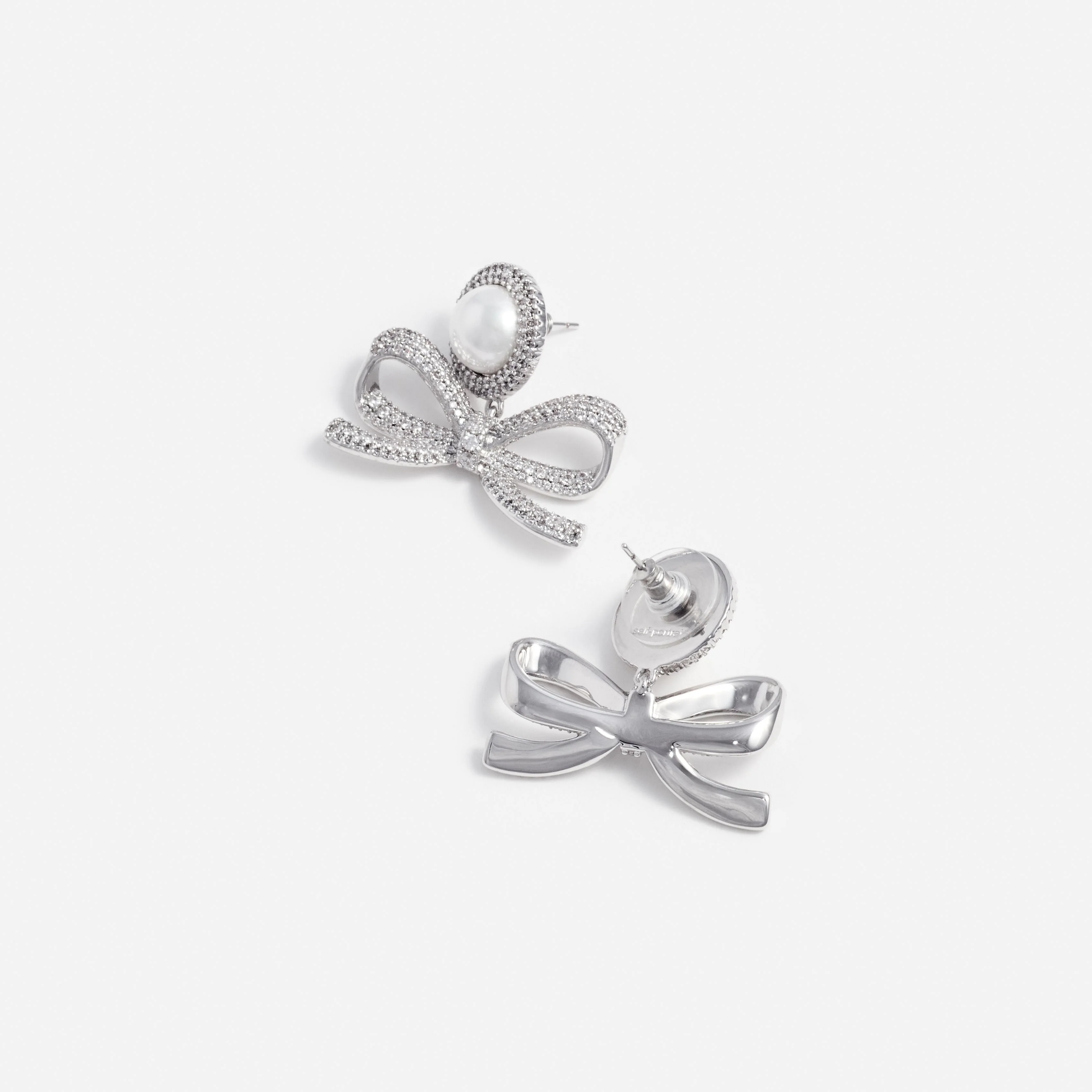 Silver Pearl Bow Drop Earrings - Image 3